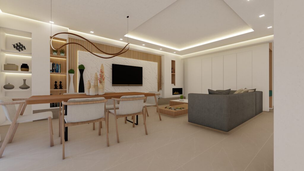 Ανακαίνιση καθιστικού και τραπεζαρίας στον Πειραιά από το SCale Design Studio. Μοντέρνος σχεδιασμός με έμφαση στις καθαρές γραμμές και minimal λεπτομέρειες.