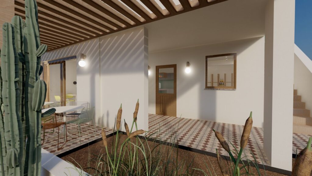 Είσοδος του αναψυκτηρίου στην Τήνο με σκίαση από ξύλινη πέργκολα, κάκτους και minimal σχεδιασμό, από το SCale Design Studio.