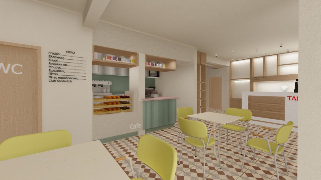 Εσωτερικός χώρος αναψυκτηρίου στην Τήνο με minimal design, ανοιχτόχρωμες καρέκλες και bar με επένδυση ξύλου και πράσινες αποχρώσεις, από το SCale Design Studio.