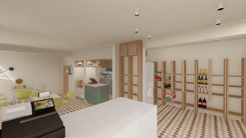 Εσωτερικός χώρος αναψυκτηρίου στην Τήνο με ταμείο, ράφια προϊόντων και industrial minimal design, από το SCale Design Studio.