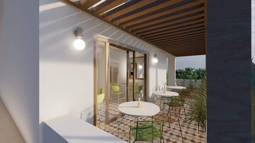 Εξωτερικός χώρος καθιστικού του αναψυκτηρίου στην Τήνο με ξύλινη πέργκολα και τραπέζια, σχεδιασμένο από το SCale Design Studio.