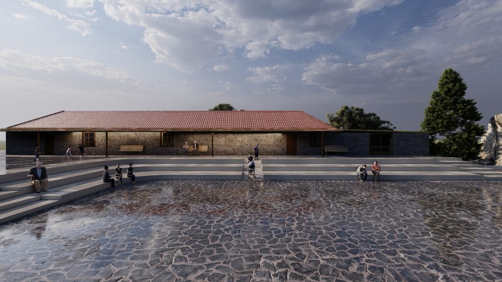 Εξωτερική διαμόρφωση πλατείας στον Ελικώνα με πέτρινο δάπεδο και καθιστικούς χώρους από το SCale Design Studio.