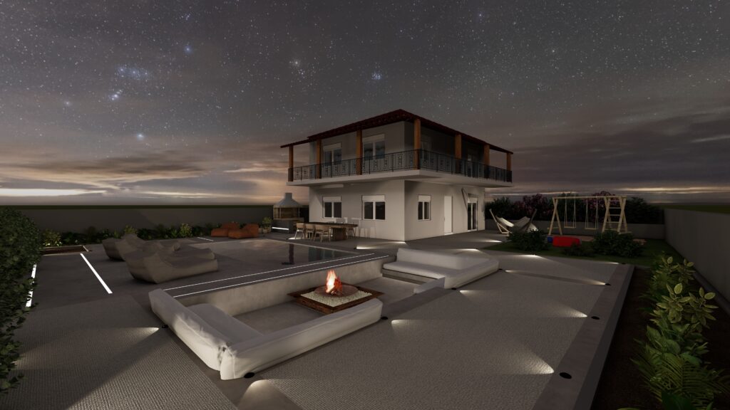 Εξωτερική διαμόρφωση κατοικίας με καθιστικό και φωτισμό στον κήπο στη Χαλκιδική από το SCale Design Studio.