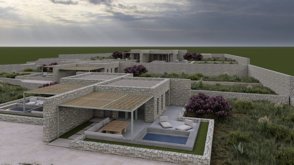 Μήλος - εξωτερική άποψη κατοικίας με ιδιωτική πισίνα και πέτρινη αρχιτεκτονική σε κυκλαδίτικο τοπίο