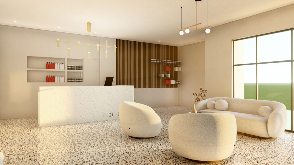 Υποδοχή Κέντρου Αισθητικής στη Θεσσαλονίκη από το SCale Design Studio. Minimal εσωτερικός χώρος με custom σχεδιασμό.