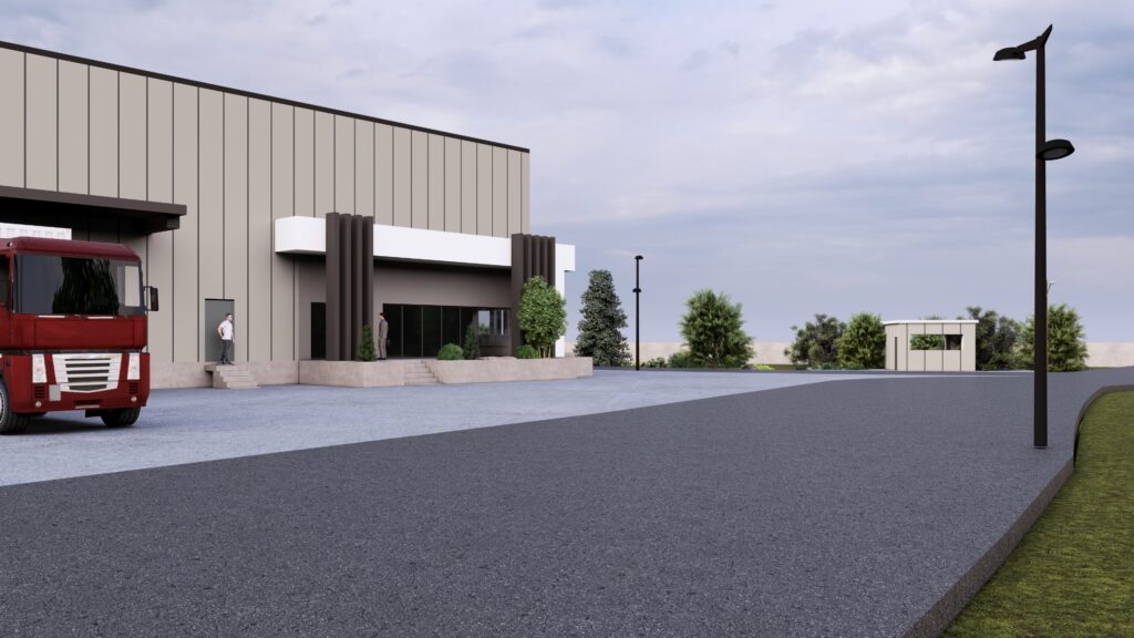 Κεντρική είσοδος γραφείων συγκροτήματος logistics στην Αττική με χώρο στάθμευσης και φορτηγό.